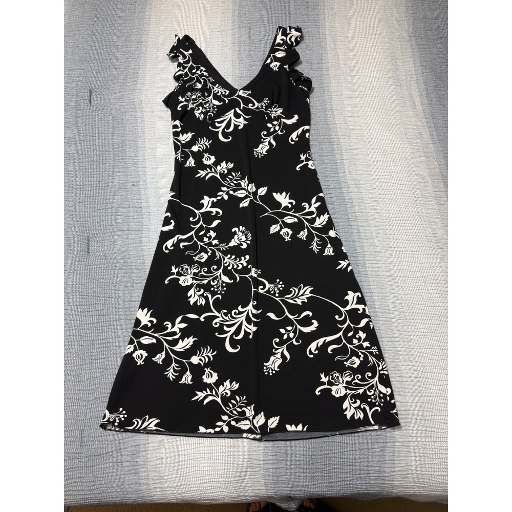 VTG La Belle Floral Midi Dress Black White Ruffle Sleeve Made USA Womens L 90s